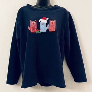 Vintage Cats Gingham Santa Hat Applique Navy Blue Fleece 80s Kitty Sweatshirt L